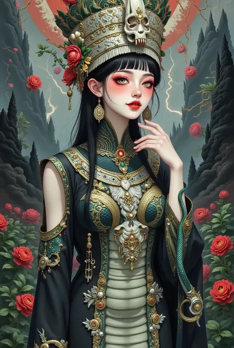 Scary Cleopatra ，skull crown ，  snakeskin dress  ，  black python scarf，  red eyes。Suspended buildings，tower，peony，lightning