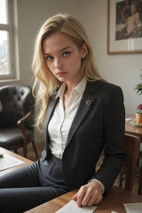 A young business woman sitting at a table wearing a suit, long straight blonde hair, Neckline 