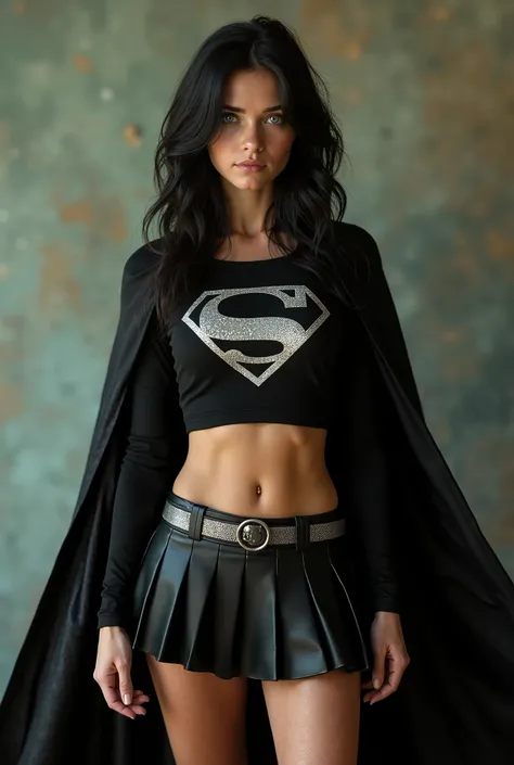  A FULL BODY VIEW OF A SEXY  WITH   ( huge breasts :9.8)  DREAMY GREEN EYES AND MEDIUM-LENGTH MESSY BLACK HAIR WEARS A CLASSIC BLACK LONG SLEEVED CROPT TOP= TOP SUPERGIRL COSTUME WITH A SILVER  "S"  emblem,  A SHORT BLACK PLEATED SKIRT WITH A SILVER BELT ,...