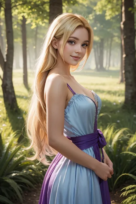 Rapunzel with a seductive pose, a woman with blonde hair, wearing a torn purple princess dress, in an enchanted forest with a morning dew effect and an innocent air, holding her dress with a flower on her shoulder, realistic artistic style with vibrant col...