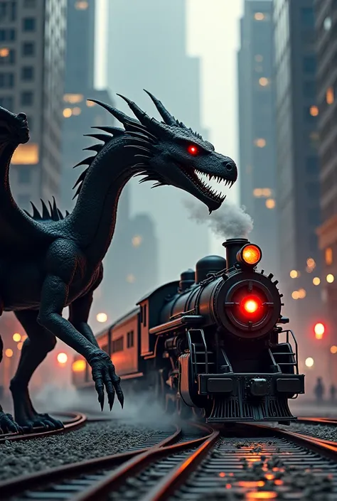 Describe an image where a black dragon and a powerful train are locked in a tense stare in an urban setting. The dragon, with its dark, sleek scales and glowing red eyes, stands tall amidst the steel and concrete jungle. The train, steam rising from its en...