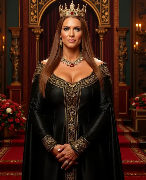 Stephanie McMahon, medieval queen, alone, looking at the viewer, standing upright, full body is visible, cleavage, hair falls over her shoulders, wearing a gold crown, wearing a garnet ring, wearing a luxurious necklace with a big gemstone, wearing pearl e...