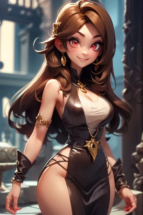 Perfect face. Perfect hands. A brown haired woman with red eyes with an hourglass figure in a Gothic explorer outfit is smiling while exploring an ancient temple