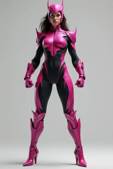 Realistic woman with strong body, superheroine, wearing a challenging and sexy pink and black costume,  with high heel boots ,  in a front view of its entire body with a light gray background 