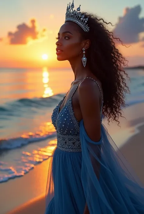  An elegant black woman walking along the sand of a beach at sunset.  She wears a long blue dress with embroidered details and transparencies ,  moving softly with the sea breeze .  Your dark skin is illuminated by the golden glow of the setting sun ,  ref...