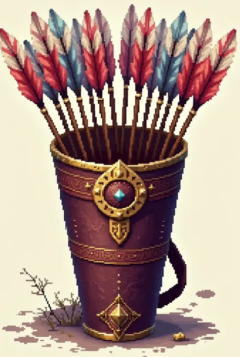 A detailed 8-bit pixel art image of an elegant quiver filled with many arrows. The quiver is beautifully adorned with intricate patterns, gold and silver accents, and decorative details, showcasing a luxurious design. It has a polished leather base in rich...