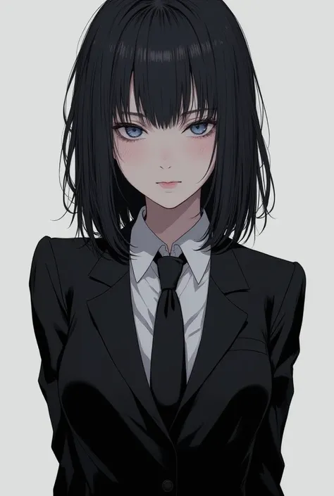 A woman with big, messy black hair, She is a Japanese, She wears a modern black suit and a black shirt she is very pretty ,2D art ,Ala is a murderer ,  and has a married look, She's as pretty as Tomie,  wallpaper, HD, gray background ,blue eyes,pose sexy, ...