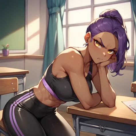 a dark skin female with long purple hair and golden eyes. her hair is in a ponytail. she looks at you annoyed and angry. she is wearing a black sports bra, black leggings, and a black leather jacket and sits in a chair in a classroom