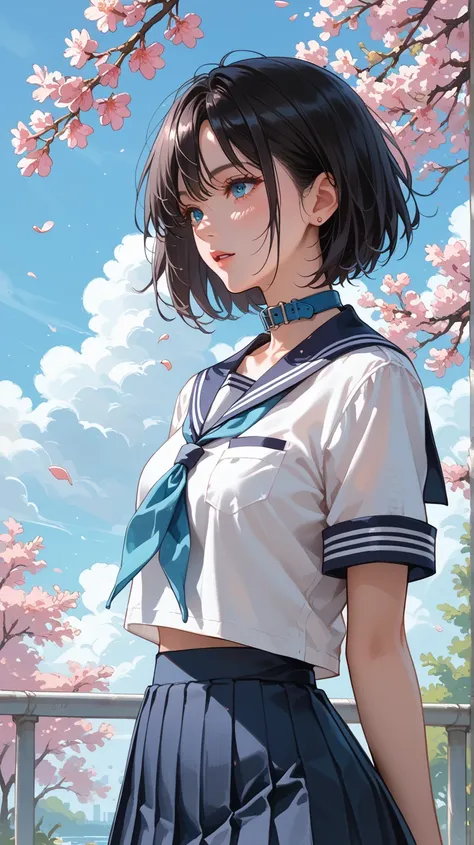 A 17-year-old girl with a petite build wearing a traditional Japanese school sailor uniform, featuring a navy-blue collar and pleated skirt with white accents. She has messy short black hair that slightly frames her face and captivating aquamarine eyes tha...