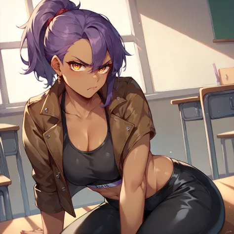 a dark skin female with long purple hair and golden eyes. her hair is in a ponytail. she looks at you annoyed and angry. she is wearing a black sports bra, black leggings, and a black leather jacket and sits in a chair in a classroom