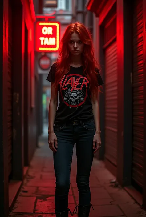 "A red-haired woman with long, wavy hair, pale skin, and an expressive look, standing in a dark, narrow alley. She's wearing a black Slayer band t-shirt with the classic logo, skinny jeans, and leather boots. Behind her, the entrance to an Iron Maiden conc...