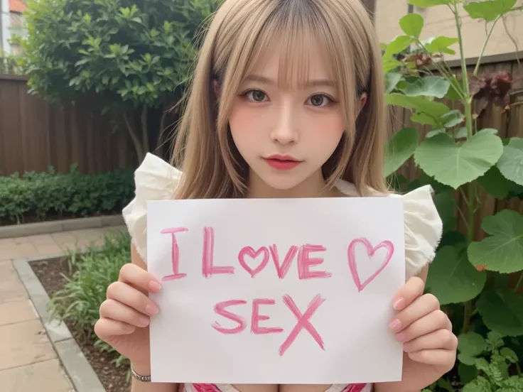 
(NSFW,not,,seins dénotdés,seins dénotdés and nipples,cleavage:1.4) , ( holding a sign with pink text " " Fuck me”” I LOVE SEX ""：1.4)

(( seductive on their face  ):1.5)
TO BREAK, 
(( full body :1.3)), 