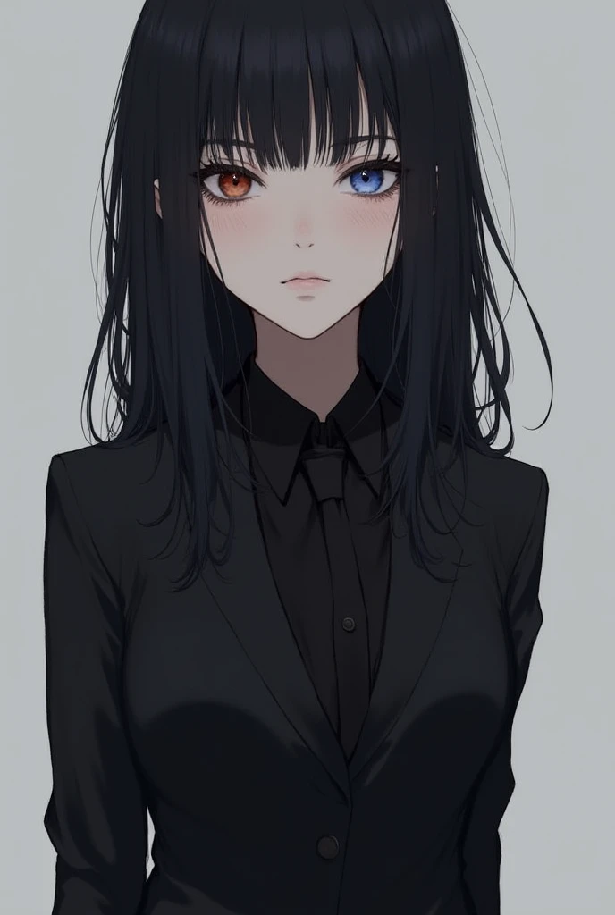 A woman with big, messy black hair, She is a Japanese, She wears a modern black suit and a black shirt she is very pretty ,2D art ,Ala is a murderer ,  and has a married look, She's as pretty as Tomie,  wallpaper, HD, gray background ,blue eye and a brown ...