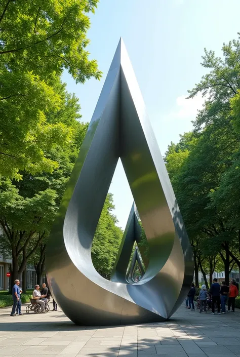 a stainless steel mini sculpture in the shape of joined triangles placed in an outdoor or park environment with many people