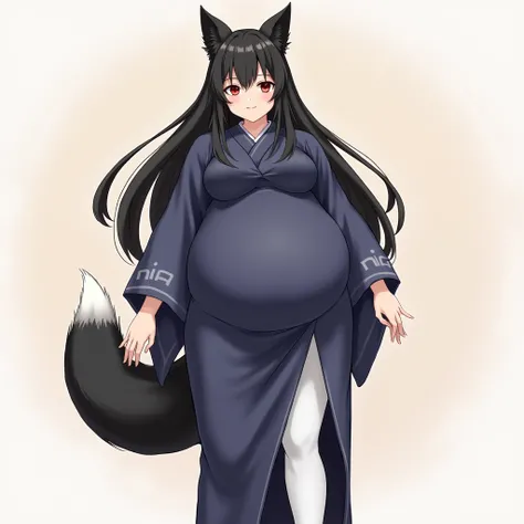 anime girl, long hair, big pregnant, dark red eyes, very big breasts, very big belly , pregnant girl, biggest belly , anime style, dark black hair, big breasts, pregnant girl with big belly, smile, white thin tights, dark blue long dress-yukata kimono, big...