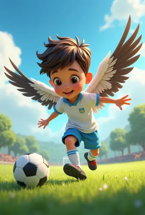 Boy with eagle feathers playing soccer, Dressed in white with light blue,  animated