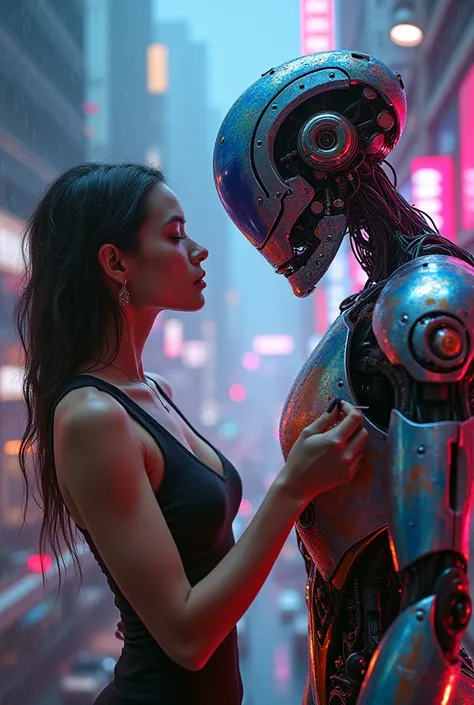 create a beautiful woman painting a robot with a brush in rainbow colors, against the backdrop of a future city of neon lights and rain, in cyber punk style, an ultra-realistic