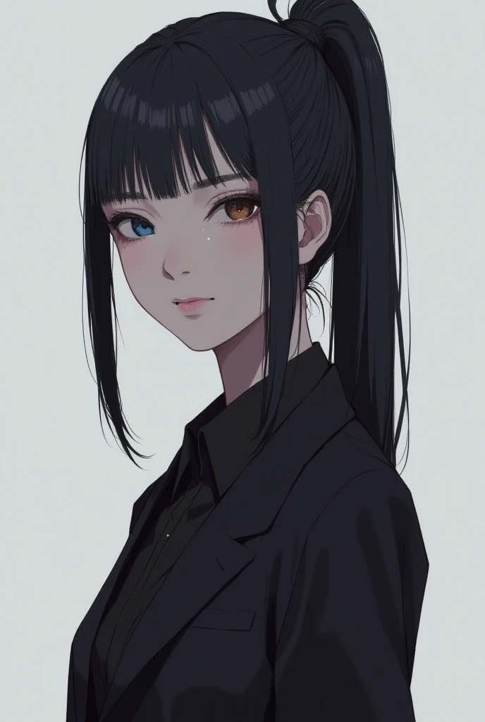 A woman with big black hair tied in a ponytail, She is a Japanese, She wears a modern black suit and a black shirt she is very pretty ,2D art ,Ala is a murderer ,  and has a married look, She's as pretty as Tomie,  wallpaper, HD, gray background ,blue eye ...