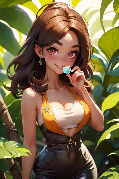 Perfect face. Perfect hands. A brown haired woman with red eyes with an hourglass figure in a Gothic explorer outfit is smiling while drinking water  in a tropical jungle