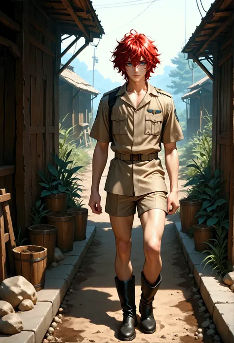 1boy, solo, shine skin, red hair, short messy hair, khaki uniform, short pants, blue eyes, dirt street, wooden buildings, rural, masterpiece, best quality, cinematic lighting, black boots, focus on male