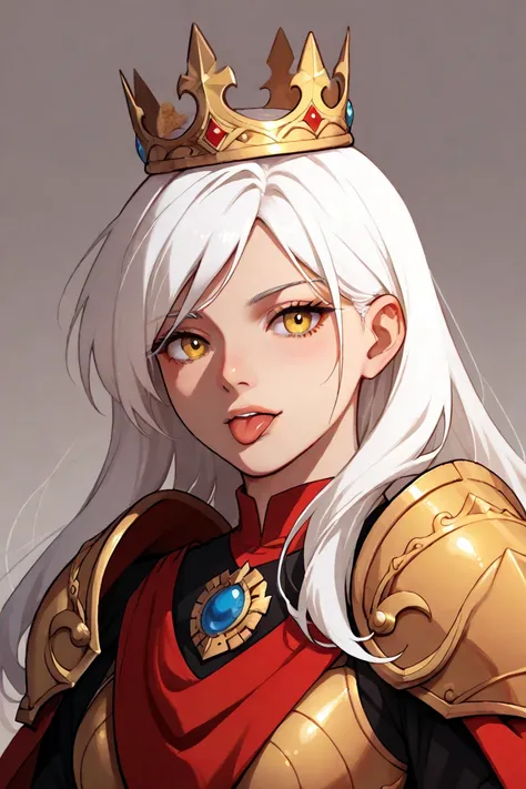 Create a Woman of Fire Expreçao Seria , very high,  with long white hair,  yellow eyes,  tongue  , wearing golden armor, wearing a golden crown with red stones,