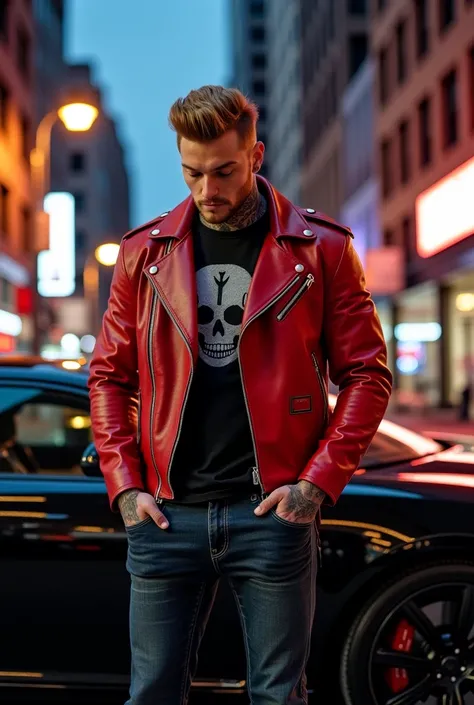  A muscular man, Big body tattooed blond in red leather jacket,  jeans, Inside black skull shirt,  big chest, strong arms, touching a large black luxury car in front of a building at night in New York City , beautiful, distracted looking at the cell phone ...