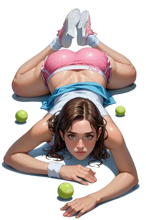 score_9, score_8_above, score_7_above,  cartoon of a girl,  alone, Sensual, rascal, pele morena,  brown eyes,   brown hair , straight hair, tennis, socks,  pink gym shorts , short top,  small breasts, Lying down, face down ass above, lift ass above, bubble...