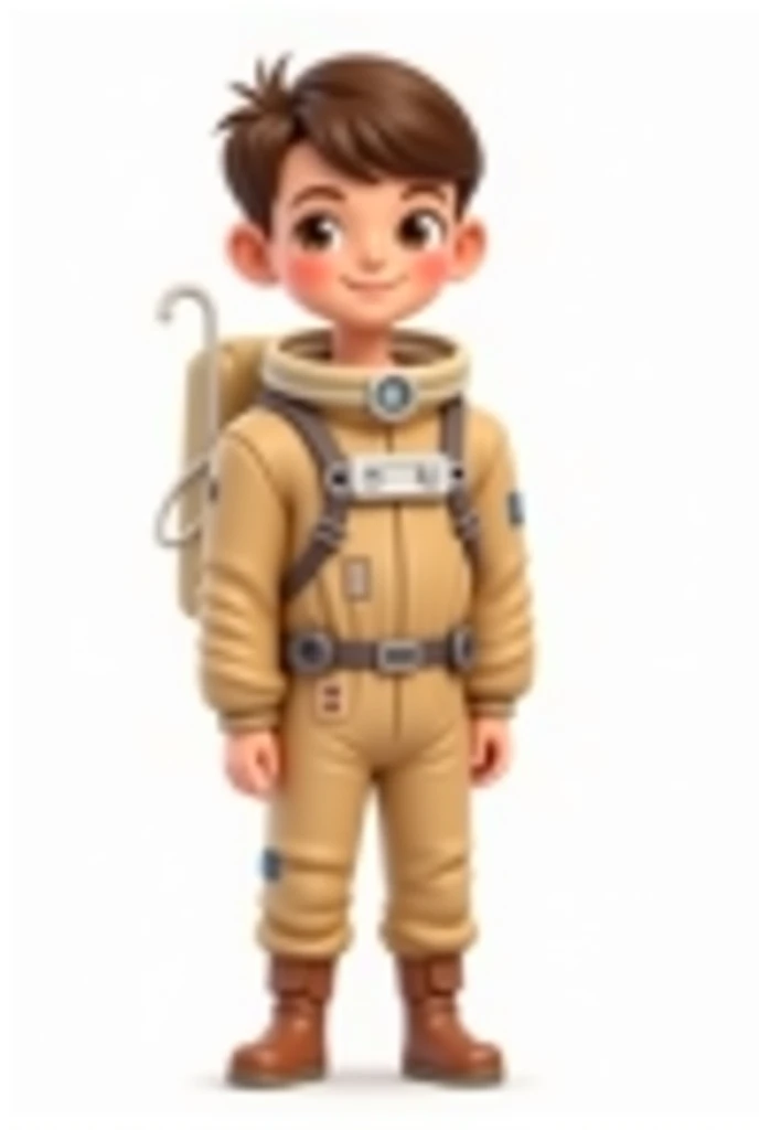  Create digital illustration of a smooth-haired boy in brown color,  brand,  light brown eyes , standing on white background with astronaut clothing  