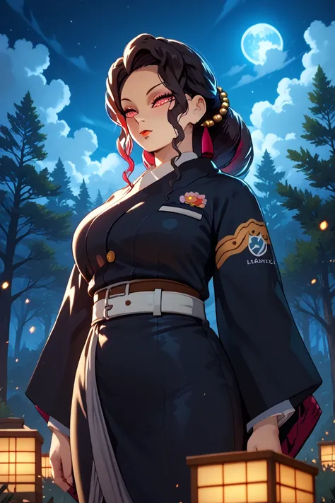 Shinobu Kocho, curvy body, big breasts,forest,officer, night, Particles ,blown hair,clouds, only the torso ,beautiful, good quality ,Good detail,(masterpiece), artwork , good resolution,good lighting , perfect and detailed face, perfect and detailed backgr...