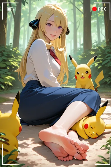 Create an identical image to Cynthia from the Pokémon anime with the same outfit as the reference image, However, she is sitting on the ground in a Pokémon forest, barefoot and exposing her beautiful hyper-realistic feet with 5 toes on each foot, leaving t...