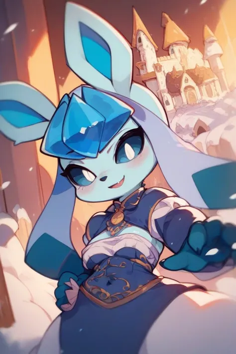  1 girl(masterpiece)、anthro female Glaceon 、Snowy Castle Town、 blue sclera 、White Eyes、 blue and white battle dress、Ice Sword