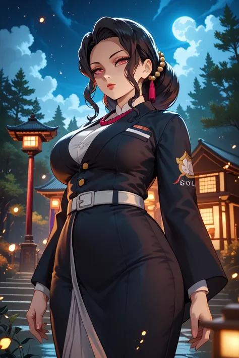 Muzan Kibutsuji, curvy body, big breasts,forest, officer, night, Particles ,blown hair,clouds, only the torso ,beautiful, good quality ,Good detail,(masterpiece), artwork , good resolution,good lighting , perfect and detailed face, perfect and detailed bac...