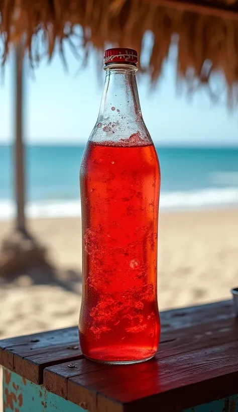 Create a 500ml pet bottle sizzles with a red liquid. over a counter at the kiosk on the beach