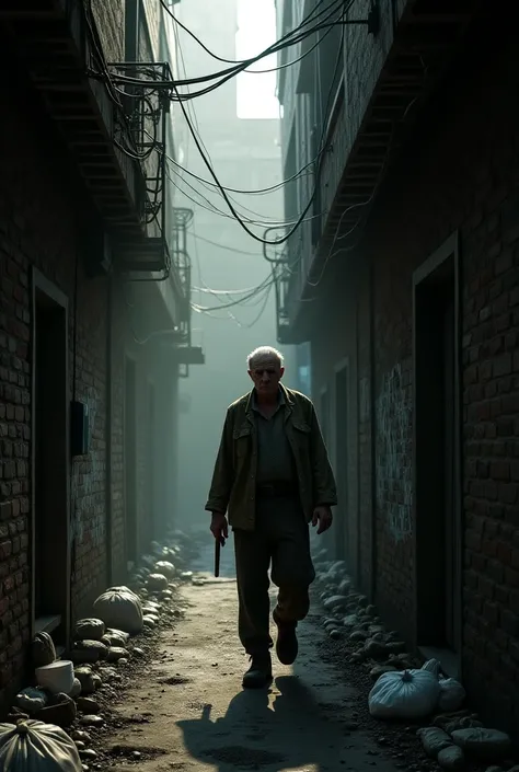 Create an image of a man walking in an alley with no one, wearing old clothes.