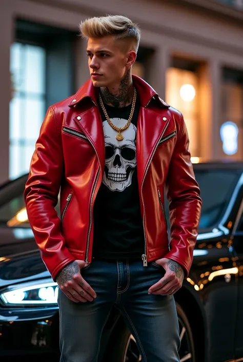 Um homem beautiful musculoso, Big body tattooed blond in red leather jacket,  jeans, T-shirt inside black with open button the first buttons with exposed skull chest,  big chest, strong arms, touching a large black luxury car in front of a building at nigh...