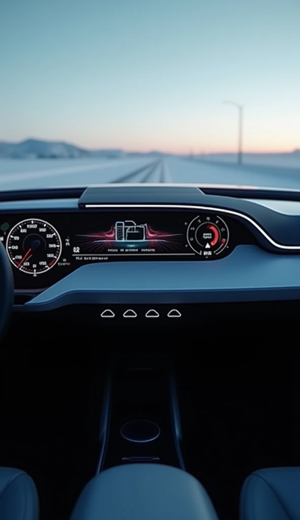 Tech Features Highlight
Close-up view of the advanced dashboard, showing the digital speedometer, range meter, and integrated voice assistant controls, in a futuristic interface.