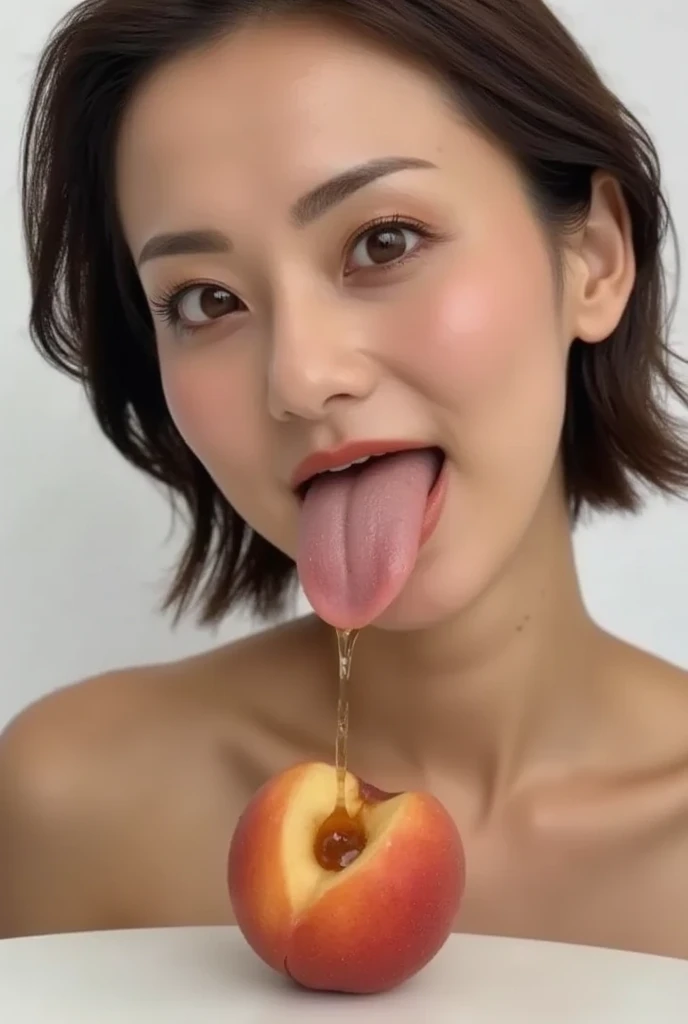  and puts her tongue from the fillet placed on the table into a peach overflowing with honey,genuine , thick,  Closeup of the lips of a beautiful woman who sticks her long tongue into the flesh  ,