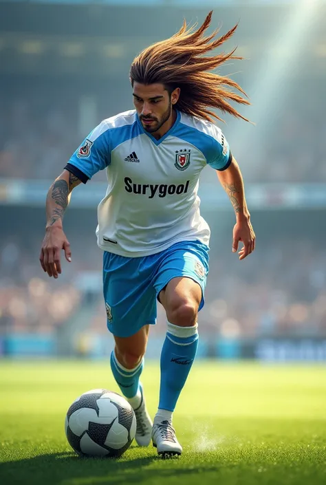 ager with eagle feathers, playing soccer, Wearing a white and light blue uniform, and with the name “Surygool” on the uniform shirt 