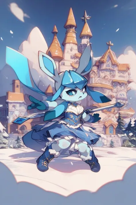  1 girl(masterpiece)、anthro female Glaceon 、Snowy Castle Town、 blue sclera 、White Eyes、 monocle、 blue and white battle dress、 blue long boots 、Ice Sword