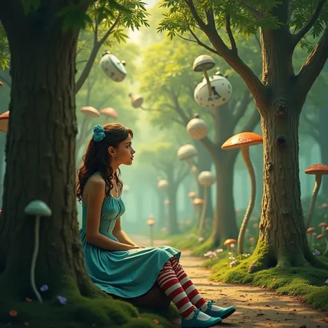 A cyberpunk Alice in Wonderland scene. A girl with blue pigtails, striped stockings, and a blue dress sits on a giant mushroom. Surreal glowing clocks, floating gears, oversized mushrooms, and a cosmic galaxy sky create a dreamlike, mystical atmosphere. Ne...