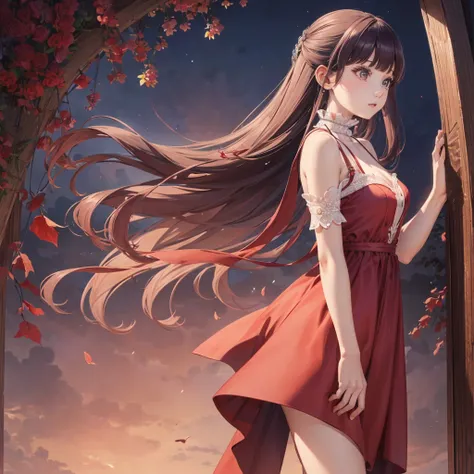 A young woman standing in front of a crimson background 、 she is wearing a gorgeous red dress 。The dress is decorated with lace and frills.、Bare shoulder design.。The Woman&#39;Long hair is soft and wavy、 Her head is adorned with a red flower hair accessory...