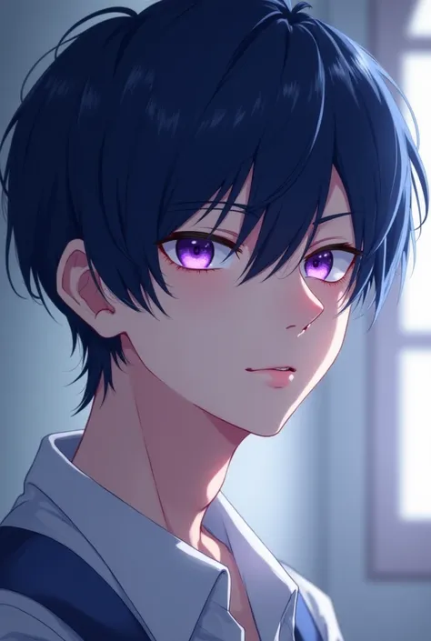 japanese anime man with blue dark hair and purple eyes 