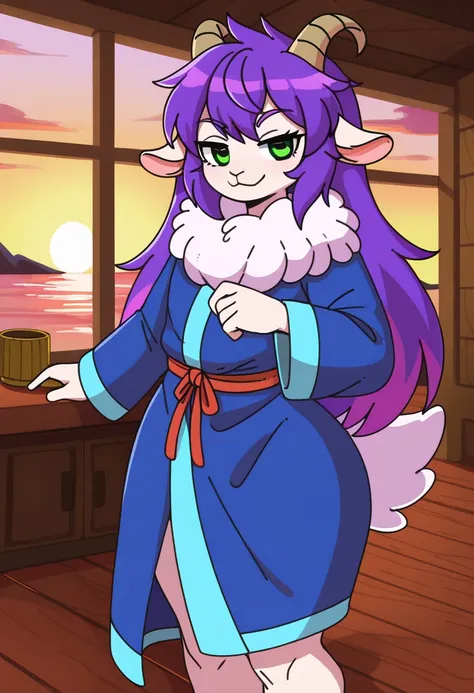 doremifaso64,masterpiece, best quality, 1femboy, anthro, woolry, wool, fluffy wool, Anthropomorphic ram boy , lamb horns , light skin , purple hair , green eyes, long hair hairstyle, tousled hair , (19 years old), thick hips , One, alchemical fantasy room,...