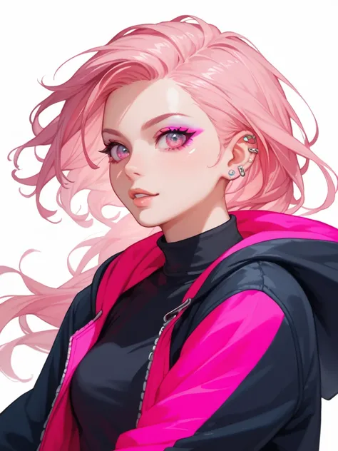 Anime illustration of a young woman trans with short, wavy pink hair, vibrant magenta eyes with bold eyeliner and dramatic eyeshadow, and multiple ear piercings. She is wearing a black turtleneck and a colorful hooded jacket. She has the power to manipulat...