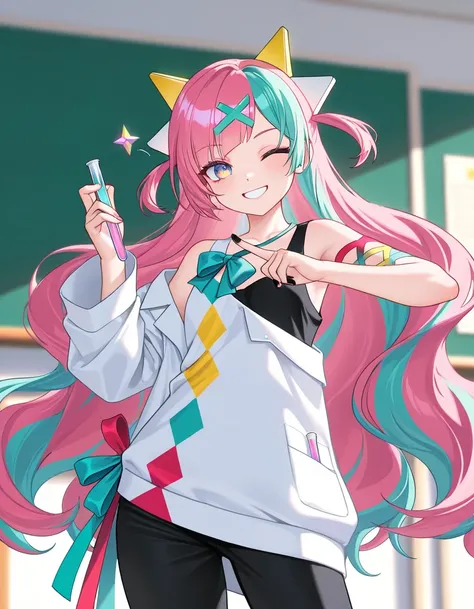 1girl\((Pinky Pop Hepburn\(vtuber\)), a young woman, pink curly hair like rose quartz, lab coat, black pants, sciences classroom, experiment, manhwa art style, manhwa protagonist, doing chemistry, confident, smiling, comfortable (best quality,4k,8k,highres...