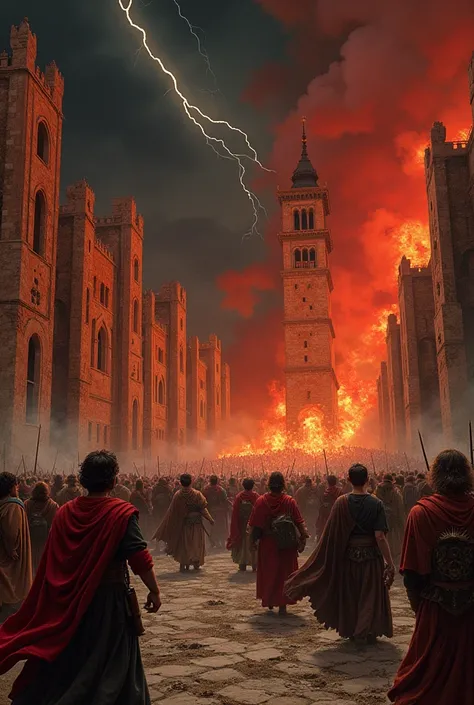 An illustration in the classic style of Leonardo da Vinci, showing a ruined palace amidst riots, with red smoke and fire blazing all around, creating a dramatic and emotional atmosphere Character Details: "Add figures of struggling folk, with facial expres...