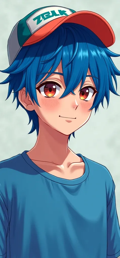 Create an image of fur, light skin, blue shirt, blue anime type hat for men's profile picture