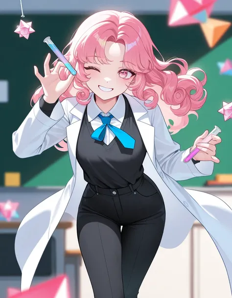 1girl, a young woman, pink curly hair like rose quartz, lab coat, black pants, sciences classroom, experiment, manhwa art style, manhwa protagonist, doing chemistry, confident, smiling, comfortable (best quality,4k,8k,highres,masterpiece:1.2),dynamic pose,...