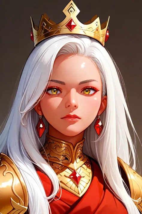 woman , very high,  with long white hair,  yellow eyes , wearing golden armor,  wearing a golden crown with red stones, (a woman esta lutando de espadas em uma batalha)