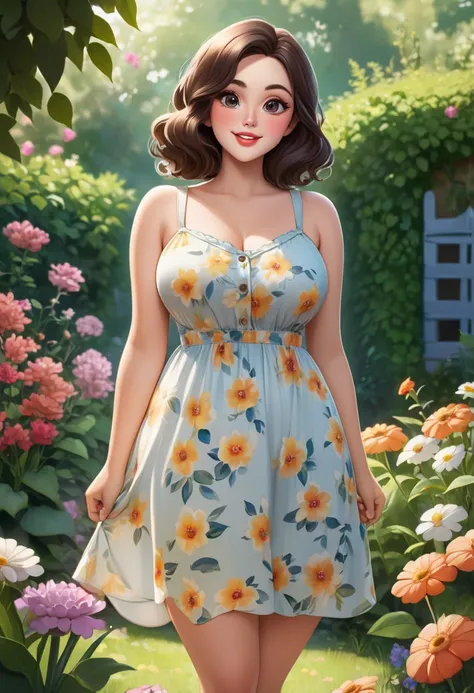 An beautiful, big-eyed woman with a round face, full lips, and a warm smile. She stands in a garden, her hands placed gently behind her back. She has a triangular body type with a curvy figure, wearing a charming sundress. 
